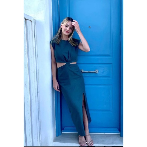 Zara Linen Blend Teal Cutout Midi Dress Sz M - Picture 2 of 9